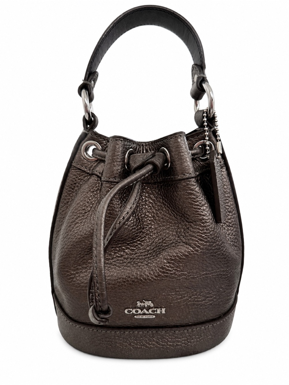 Coach Mini Dempsey Drawstring Bucket Bag 15 in metallic gunmetal pebbled leather